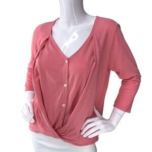 J Jill Pure Womens Size SP Top Faux Wrap Crossover V Neck Button Detail Pink